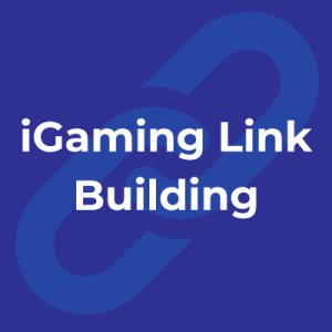A blue background with a large blue link with white writing that displays 'iGaming Link Building'.
