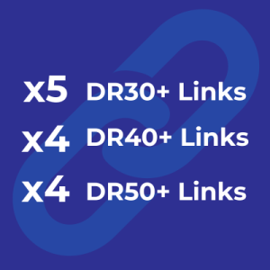 Navy blue chain link graphic with text: x5 DR30+, x4 DR40+, x4 DR50+ Links.