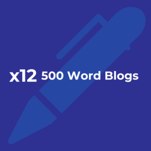 A navy blue graphic of a pen with white text that reads: x12 500 Word Blogs