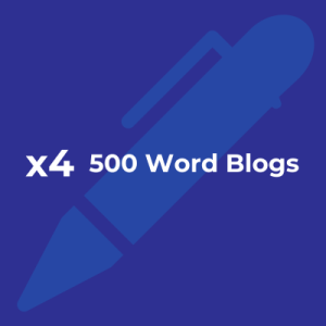 A navy blue graphic of a pen with white text that reads: x4 500 Word Blogs