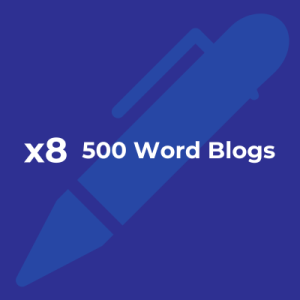 A navy blue graphic of a pen with white text that reads: x8 500 Word Blogs